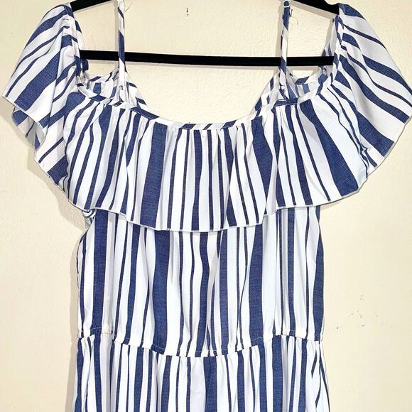 Blue White Off The Shoulders Ruffles Striped Maxi Sun Dress Size XL Womens - Picture 9 of 15